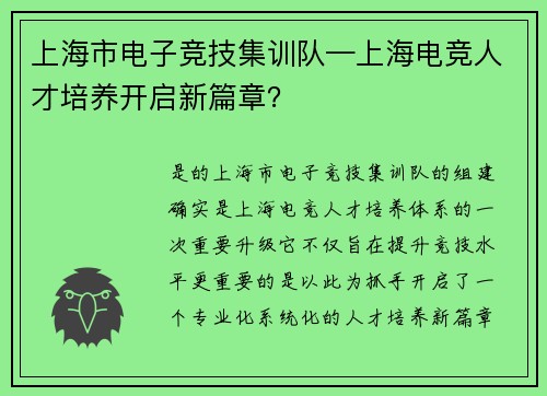 上海市电子竞技集训队—上海电竞人才培养开启新篇章？